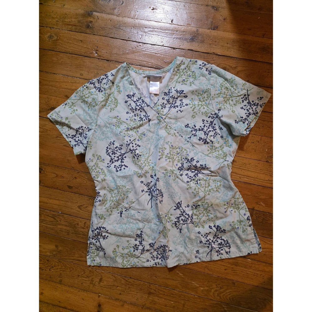 SB Scrubs Mock Wrap V-Neck Scrub Top Blue Green Floral Botanical Print Tie Back